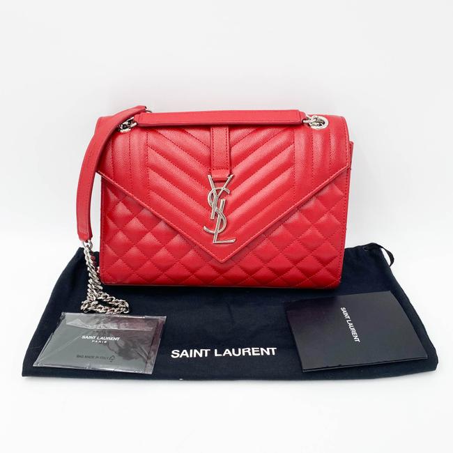 Saint Laurent Monogram Envelope Grain De Poudre Textured Mixed Matelasse Triquilt Medium Red Leather Shoulder Bag - image 3