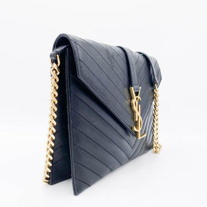 Saint Laurent Envelope Lambskin Matelasse Chevron Medium Monogram Satchel Black Leather Shoulder Bag - image 3