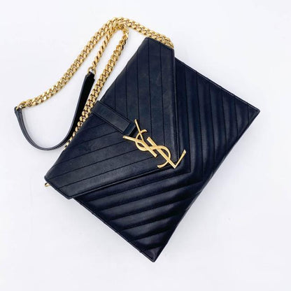 Saint Laurent Envelope Lambskin Matelasse Chevron Medium Monogram Satchel Black Leather Shoulder Bag - image 7