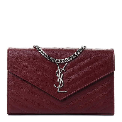 Saint Laurent Chain Wallet Grain De Poudre Matelasse Chevron Monogram Rouge Legion Red Leather Shoulder Bag - image 1