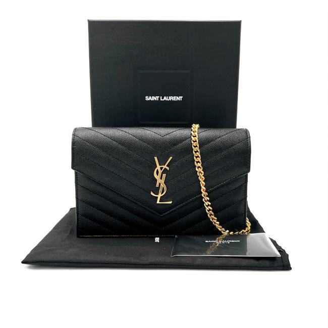 Saint Laurent Monogram Envelope Chain Wallet Clutch Ysl Woc In Grained Black Leather Cross Body Bag - image 3
