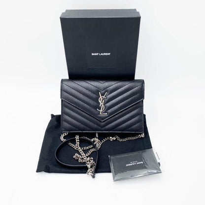 Saint Laurent Monogram Envelope Chain Wallet Grain De Poudre Matelasse Black Leather Cross Body Bag - image 3