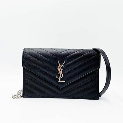 Saint Laurent Monogram Envelope Chain Wallet Grain De Poudre Matelasse Black Leather Cross Body Bag - image 4