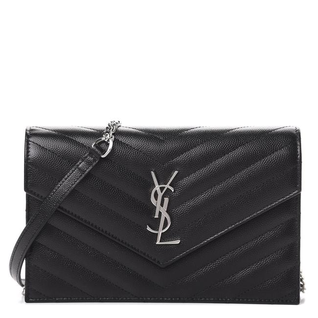 Saint Laurent Monogram Envelope Chain Wallet Grain De Poudre Matelasse Chevron Black Leather Shoulder Bag - image 1