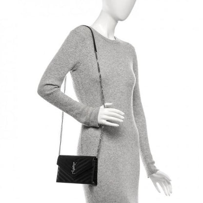 Saint Laurent Monogram Envelope Chain Wallet Grain De Poudre Matelasse Chevron Black Leather Shoulder Bag - image 2