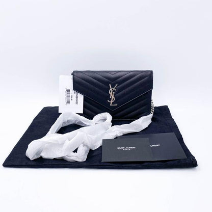Saint Laurent Monogram Envelope Chain Wallet Grain De Poudre Matelasse Chevron Black Leather Shoulder Bag - image 3