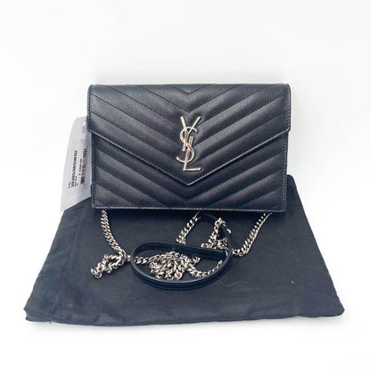 Saint Laurent Chain Wallet Monogram Envelope Grain De Poudre Matelasse Chevron Woc Black Leather Shoulder Bag - image 3