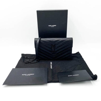 Saint Laurent Chain Wallet Monogram Envelope Grain De Poudre Matelasse Chevron Woc Black Leather Shoulder Bag - image 3