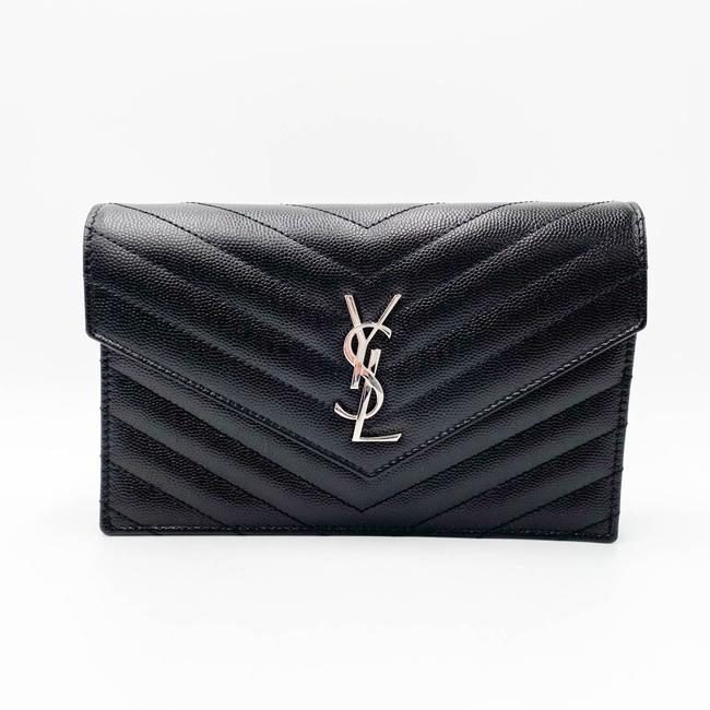 Saint Laurent Monogram Envelope Chain Wallet Grain De Poudre Matelasse Chevron Black Leather Shoulder Bag - image 4