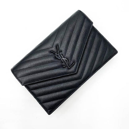 Saint Laurent Chain Wallet Monogram Envelope Grain De Poudre Matelasse Chevron Woc Black Leather Shoulder Bag - image 9