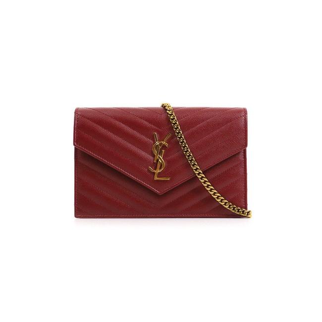 Saint Laurent Monogram Envelope Chain Wallet Grain De Poudre Matelasse Chevron Red Leather Shoulder Bag - image 1