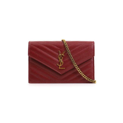 Saint Laurent Monogram Envelope Chain Wallet Grain De Poudre Matelasse Chevron Red Leather Shoulder Bag - image 1