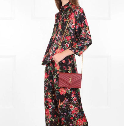 Saint Laurent Monogram Envelope Chain Wallet Grain De Poudre Matelasse Chevron Red Leather Shoulder Bag - image 2