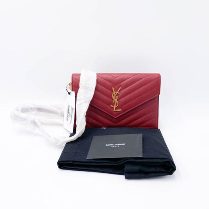 Saint Laurent Monogram Envelope Chain Wallet Grain De Poudre Matelasse Chevron Red Leather Shoulder Bag - image 3