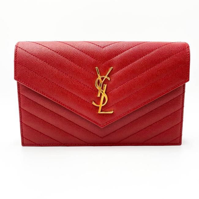 Saint Laurent Monogram Envelope Chain Wallet Grain De Poudre Matelasse Chevron Red Leather Shoulder Bag - image 4