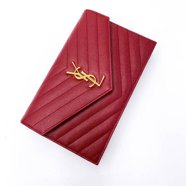Saint Laurent Monogram Envelope Chain Wallet Grain De Poudre Matelasse Chevron Red Leather Shoulder Bag - image 8