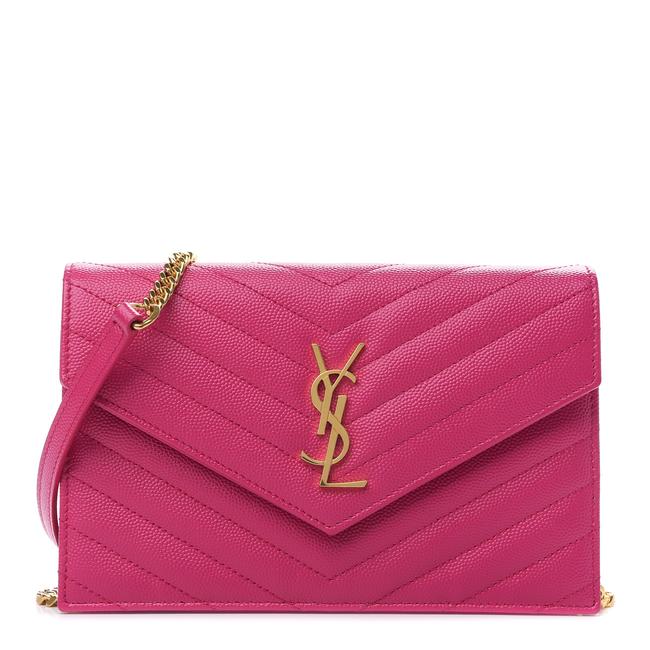 Saint Laurent Monogram Envelope Chain Wallet Grain De Poudre Matelasse Chevron Fresh Fuchsia Leather Shoulder Bag - image 1