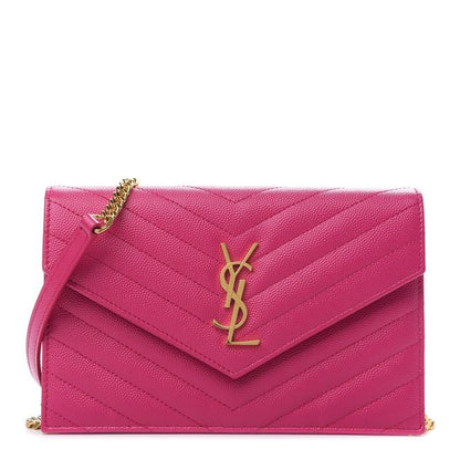 Saint Laurent Monogram Envelope Chain Wallet Grain De Poudre Matelasse Chevron Fresh Fuchsia Leather Shoulder Bag - image 1