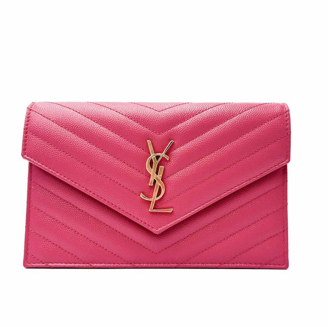 Saint Laurent Monogram Envelope Chain Wallet Grain De Poudre Matelasse Chevron Fresh Fuchsia Leather Shoulder Bag - image 4