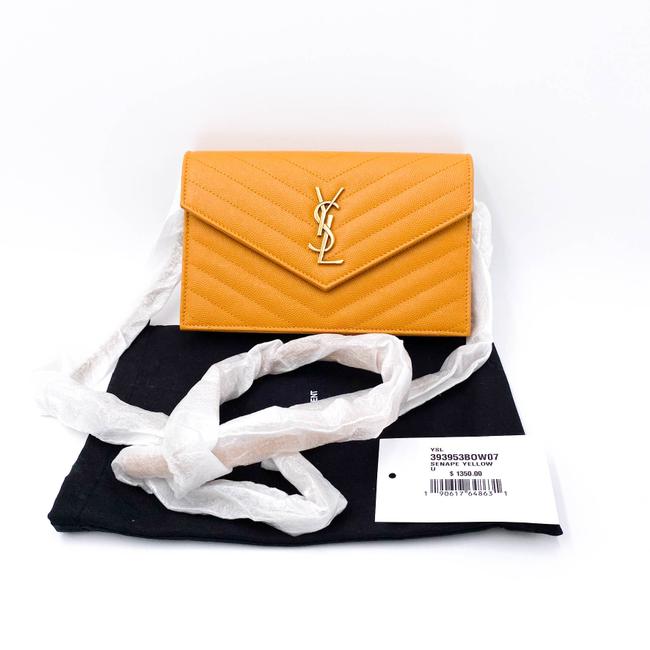 Saint Laurent Monogram Envelope Chain Wallet Grain De Poudre Matelasse Chevron Yellow Leather Shoulder Bag - image 3