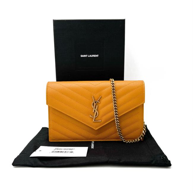 Saint Laurent Monogram Envelope Chain Wallet Grain De Poudre Matelasse Chevron Yellow Leather Shoulder Bag - image 4