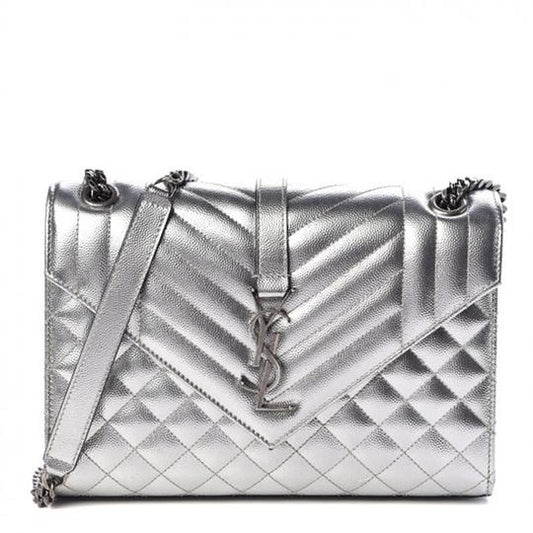 Saint Laurent Monogram Envelope Metallic Grain De Poudre Textured Mixed Matelasse Triquilt Silver Leather Shoulder Bag - image 1