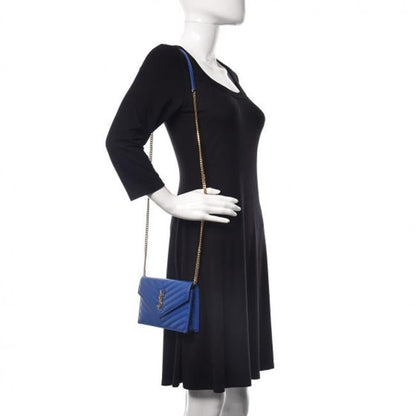 Saint Laurent Monogram Envelope Wallet on Chain Blue Calfskin Leather Shoulder Bag - photo 2