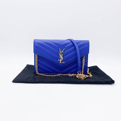 Saint Laurent Monogram Envelope Wallet on Chain Blue Calfskin Leather Shoulder Bag - photo 3