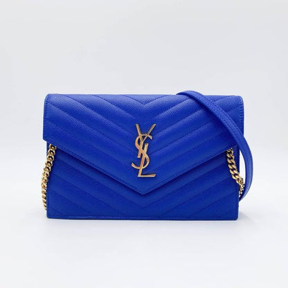 Saint Laurent Monogram Envelope Wallet on Chain Blue Calfskin Leather Shoulder Bag - photo 4