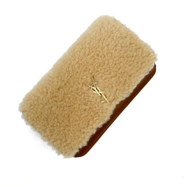 Saint Laurent Monogram Envelope Ysl Shearling Phone Holder Brown Leather Cross Body Bag - photo 8