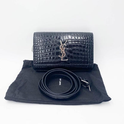 Saint Laurent Monogram Kate Belt Calfskin Crocodile Embossed Black Leather Messenger Bag - photo 3