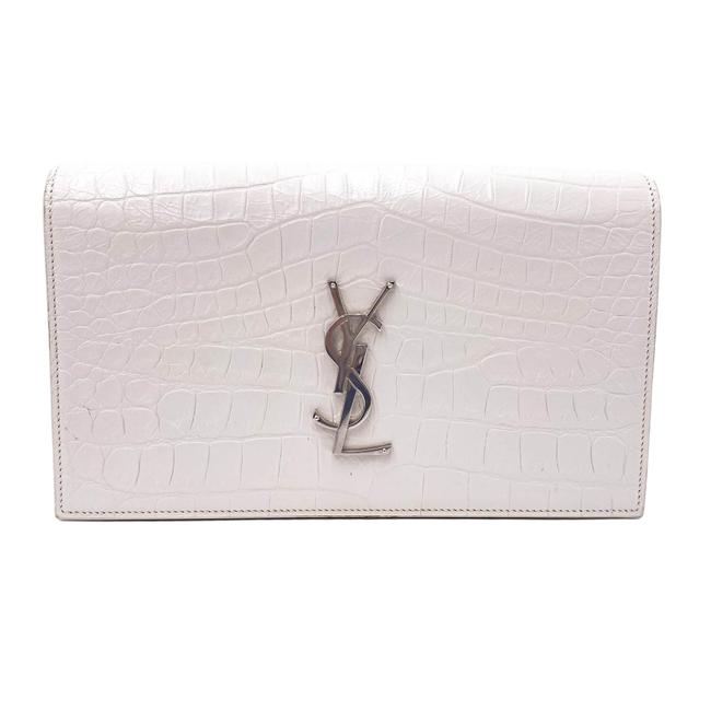 Saint Laurent Monogram Kate Calfskin Crocodile Embossed White Leather Clutch - photo 1