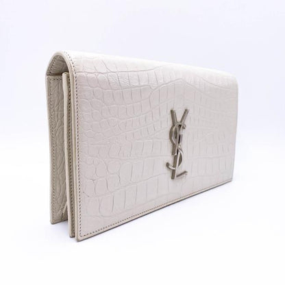 Saint Laurent Monogram Kate Calfskin Crocodile Embossed White Leather Clutch - photo 3