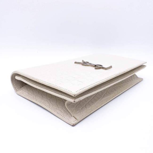 Saint Laurent Monogram Kate Calfskin Crocodile Embossed White Leather Clutch - photo 7