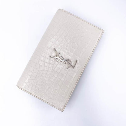Saint Laurent Monogram Kate Calfskin Crocodile Embossed White Leather Clutch - photo 9