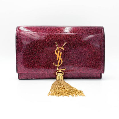 Saint Laurent Monogram Kate Chain Wallet Glitter Tassel Red Patent Leather Shoulder Bag - photo 4