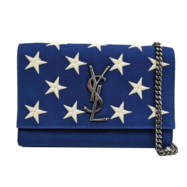 Saint Laurent Monogram Kate Embroidered Stars Small Satchel Bianco Blue Canvas Shoulder Bag - image 1