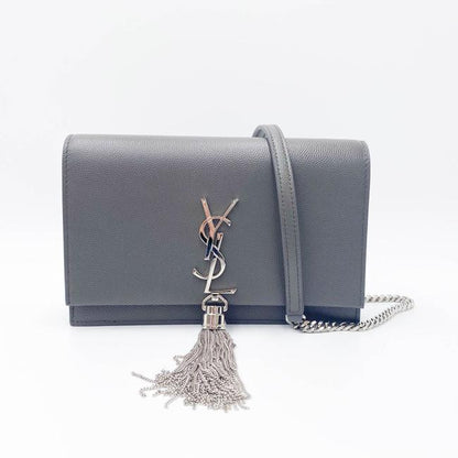 Saint Laurent Monogram Kate Grain De Poudre Small Classic Tassel Grey Leather Shoulder Bag - photo 4