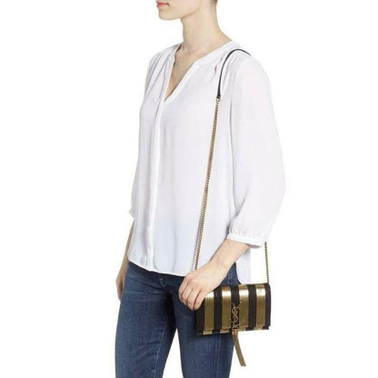 Saint Laurent Monogram Kate Metallic Stripe Wallet On A Chain Woc Black and Gold Leather Shoulder Bag - image 2