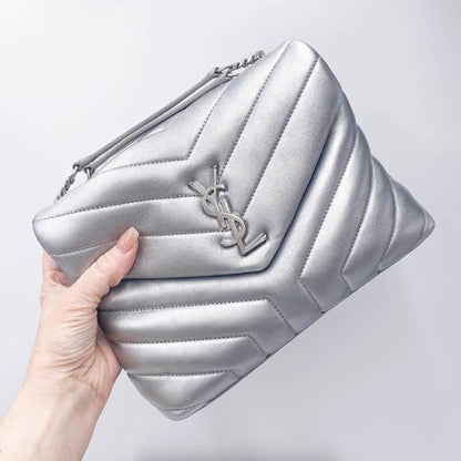 Saint Laurent Monogram Loulou Calfskin Y Quilted Monogram Small Chain Satchel Silver Leather Shoulder Bag - image 4