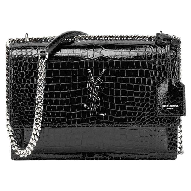 Saint Laurent Monogram Sunset Medium Croc Embossed Black Leather Shoulder Bag - photo 1