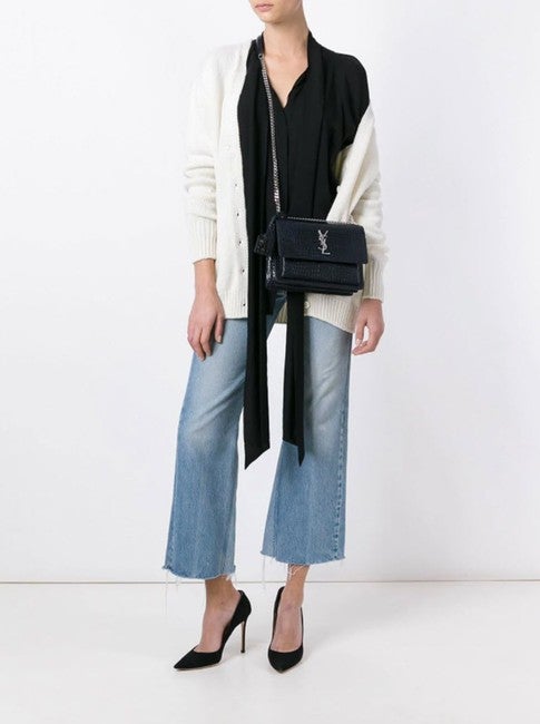 Saint Laurent Monogram Sunset Medium Croc Embossed Black Leather Shoulder Bag - photo 2