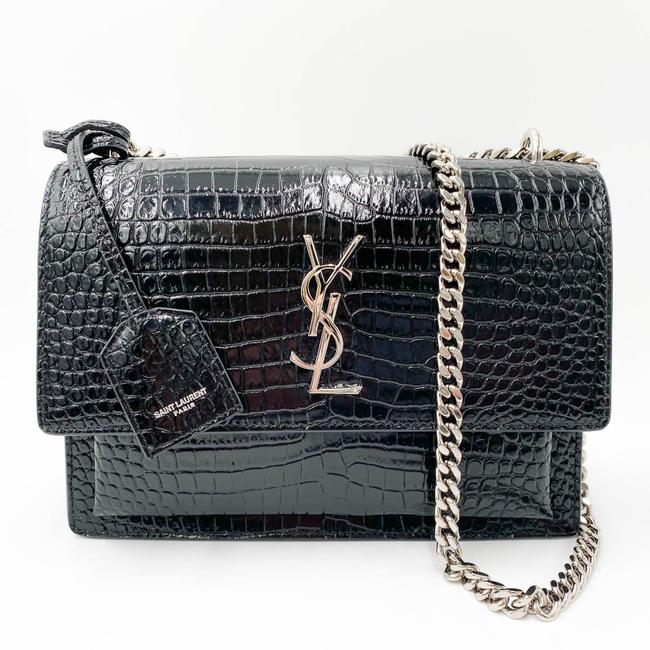 Saint Laurent Monogram Sunset Medium Croc Embossed Black Leather Shoulder Bag - photo 3