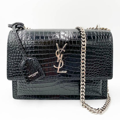 Saint Laurent Monogram Sunset Medium Croc Embossed Black Leather Shoulder Bag - photo 3