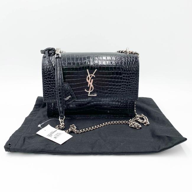 Saint Laurent Monogram Sunset Medium Croc Embossed Black Leather Shoulder Bag - photo 4