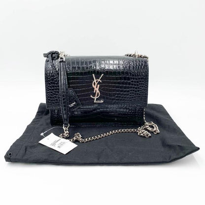 Saint Laurent Monogram Sunset Medium Croc Embossed Black Leather Shoulder Bag - photo 4