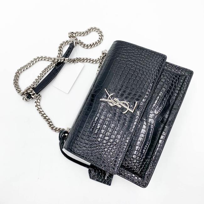 Saint Laurent Monogram Sunset Medium Croc Embossed Black Leather Shoulder Bag - photo 7