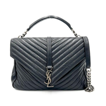 Saint Laurent Shw Matelasse Chevron Monogram Large College Satchel Black Sheepskin Leather Shoulder Bag - image 1