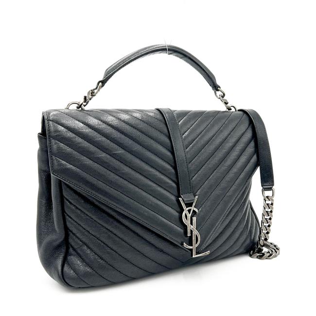 Saint Laurent Shw Matelasse Chevron Monogram Large College Satchel Black Sheepskin Leather Shoulder Bag - image 3