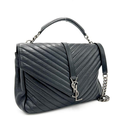 Saint Laurent Shw Matelasse Chevron Monogram Large College Satchel Black Sheepskin Leather Shoulder Bag - image 3